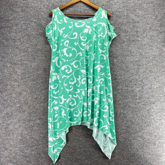 5/$45 Bella Berry Dress Women L Large Green Floral Shift Short Cold Shoulder - Picture 3 of 9